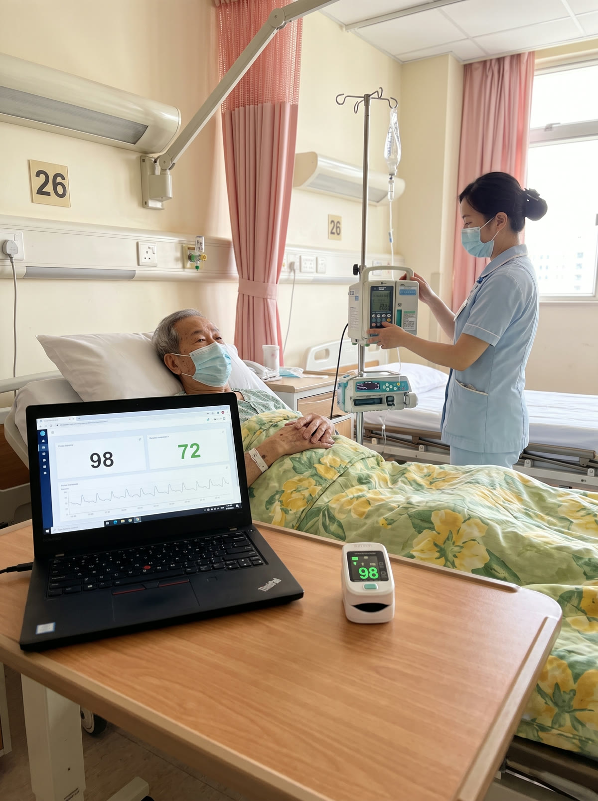 A laptop beside the ward monitor during commissioning