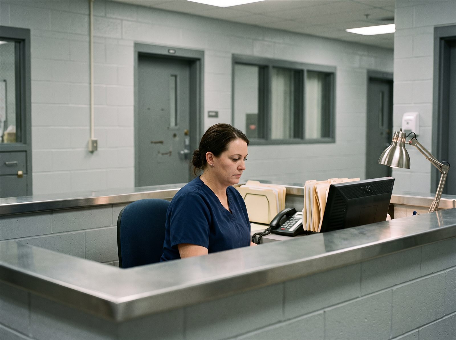 A nurse at a clinical workstation in a correctional medical unit