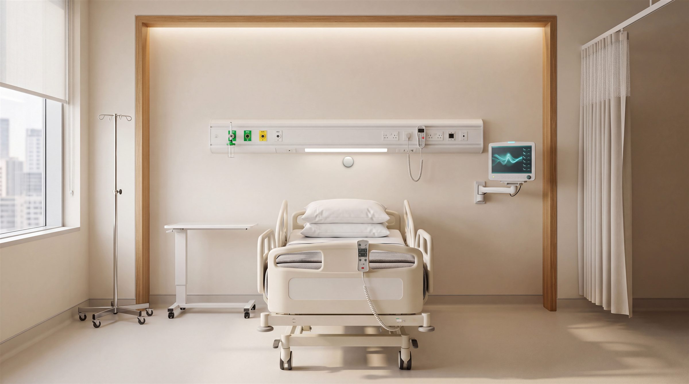 A hospital room with the XK300 Essence on the wall above the bed