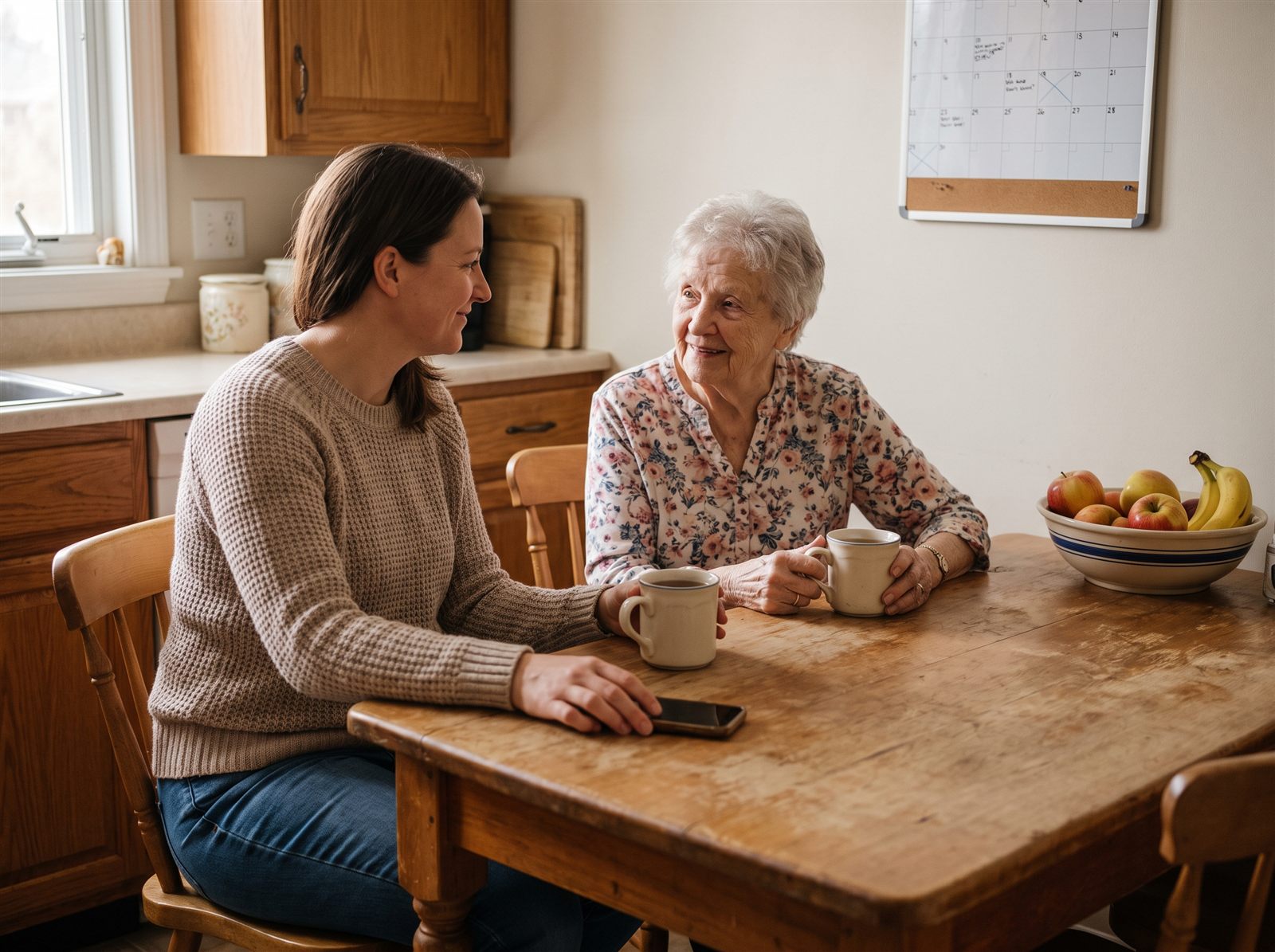 An older woman at home with her adult daughter