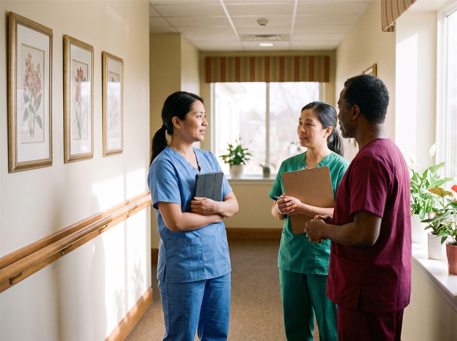 Care staff talking at a morning handover in a bright corridor