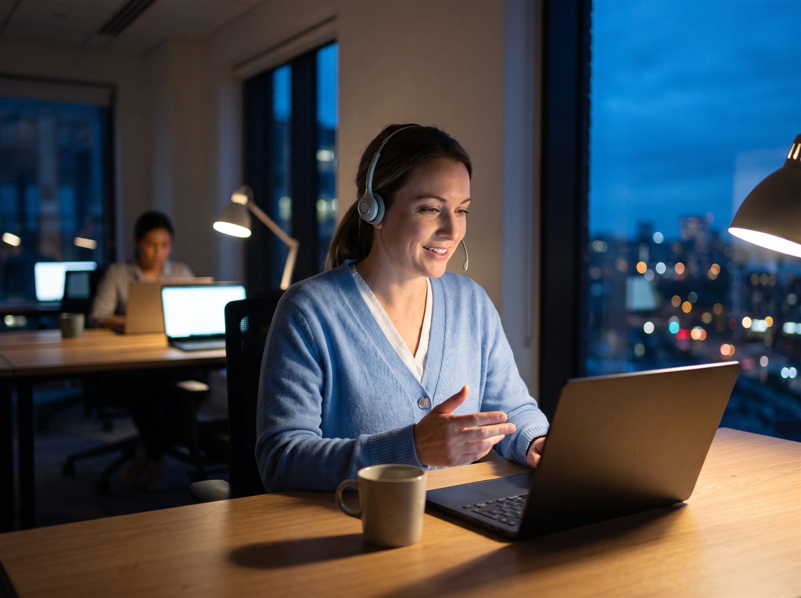 A remote monitoring nurse on a headset call at her desk in the evening