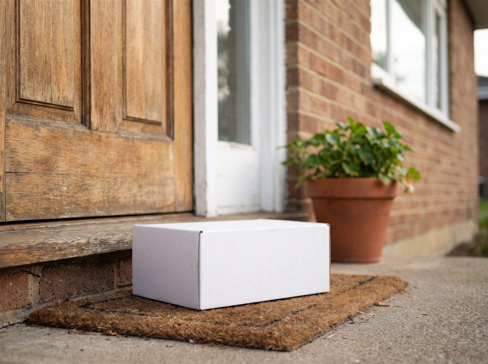 A plain white parcel on a doormat at a front door