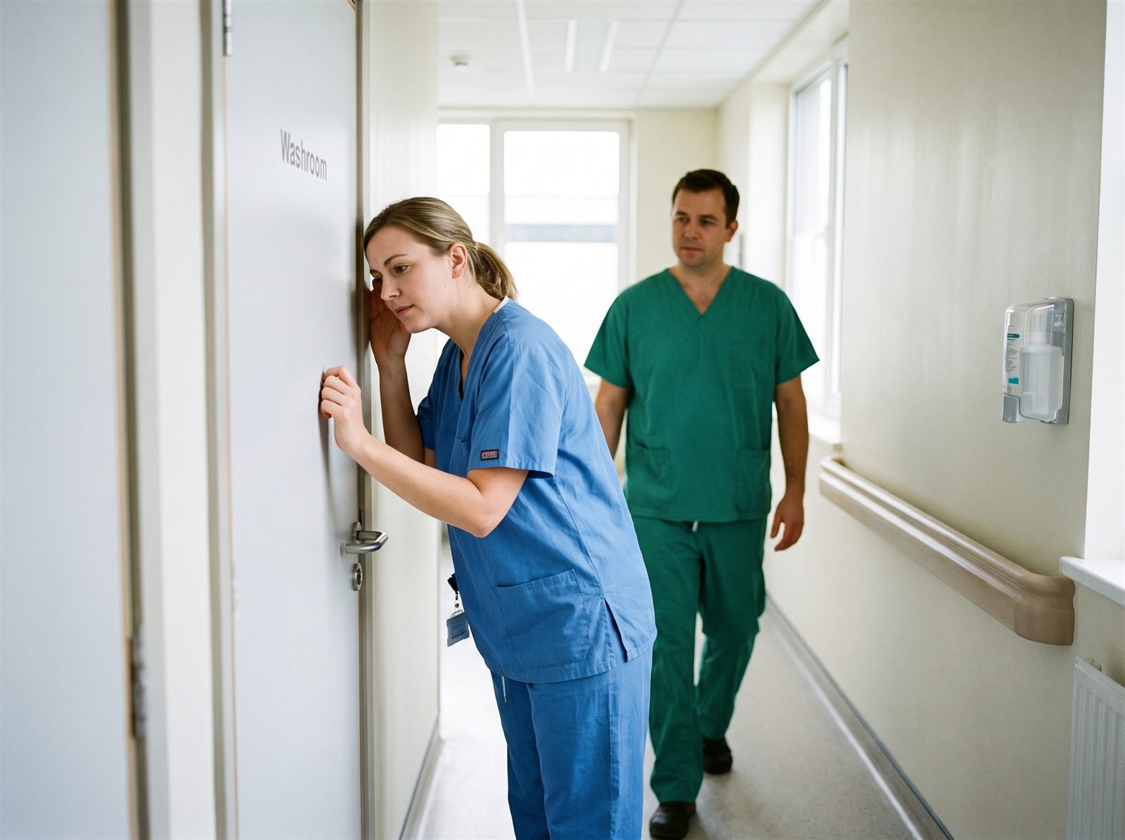 A nurse knocking on a washroom door in a hospital corridor