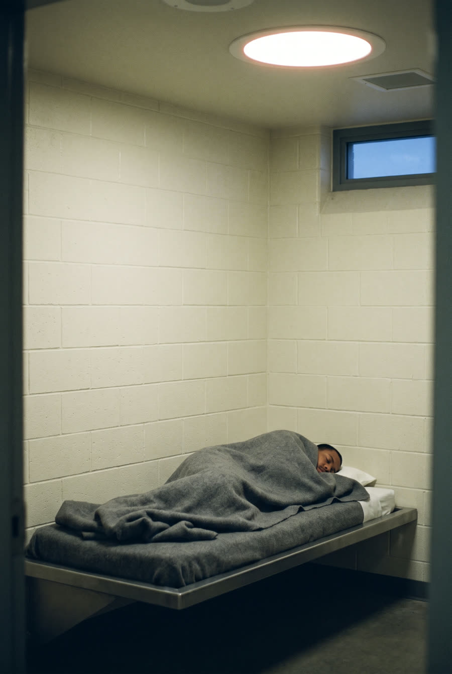 A quiet single cell at night with a person asleep under a grey blanket