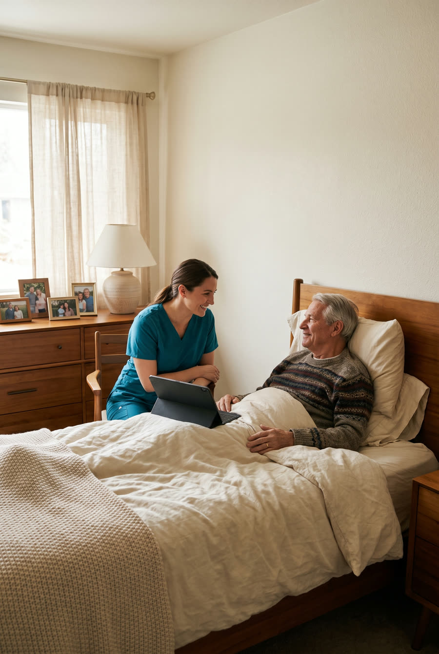 A home-health nurse beside an older man resting in bed at home