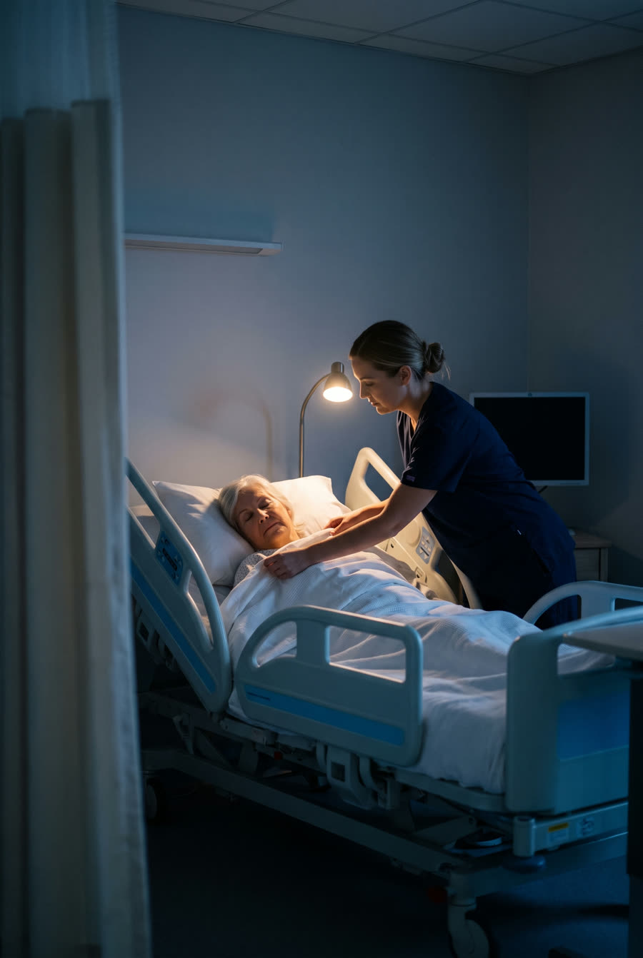 A nurse at a patient bed on a hospital ward at night