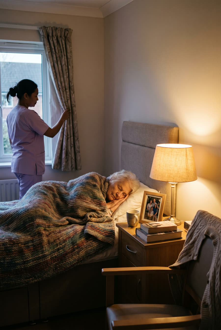 A caregiver drawing the curtain in a resident bedroom at dusk