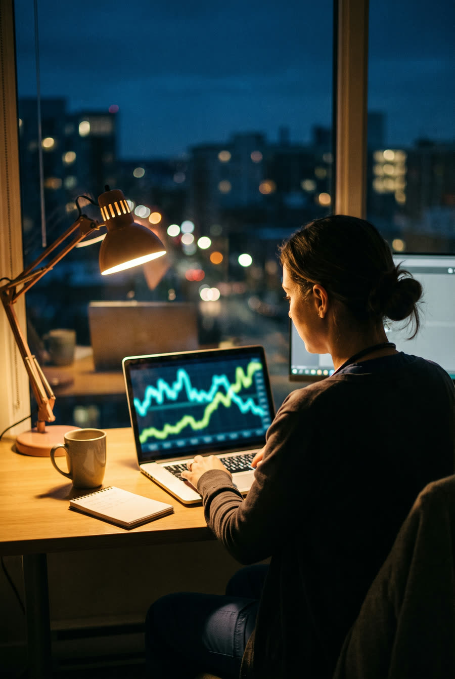 A remote monitoring nurse reviewing charts on a laptop in the evening