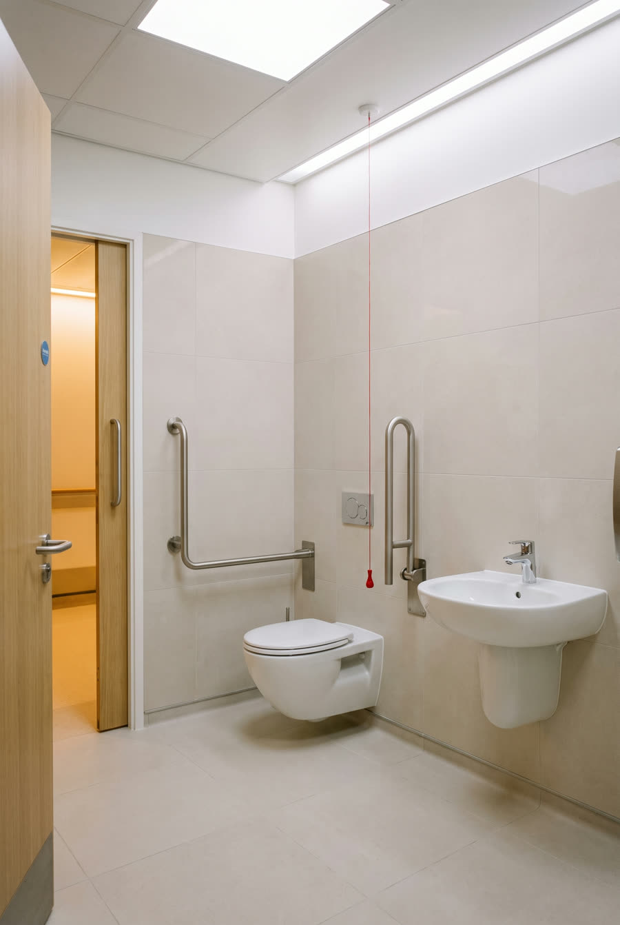 An empty accessible hospital washroom